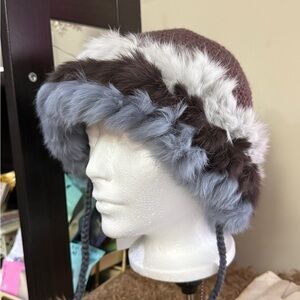 Rabbit Fur Trim Knit Trapper Hat - Brown and Gray